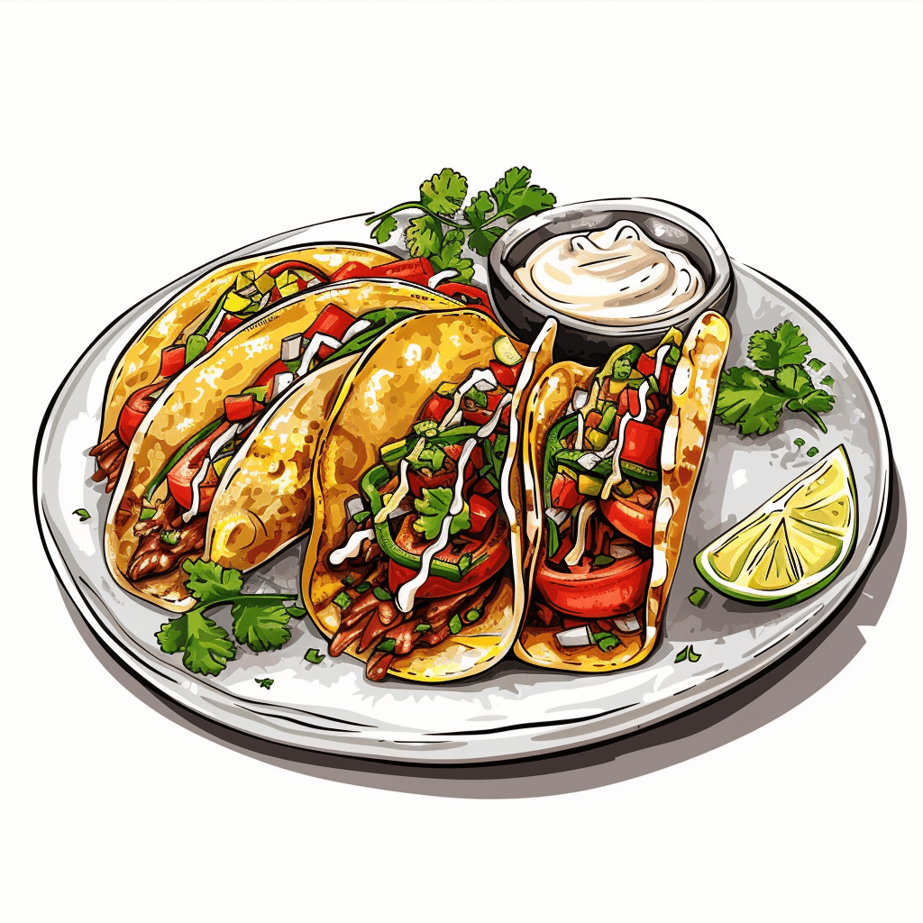 art sketch, simple vector outline drawing, sketch images, hand drawn, white background,prompt: A restaurant serving Spanish tacos in a huge plate simple color