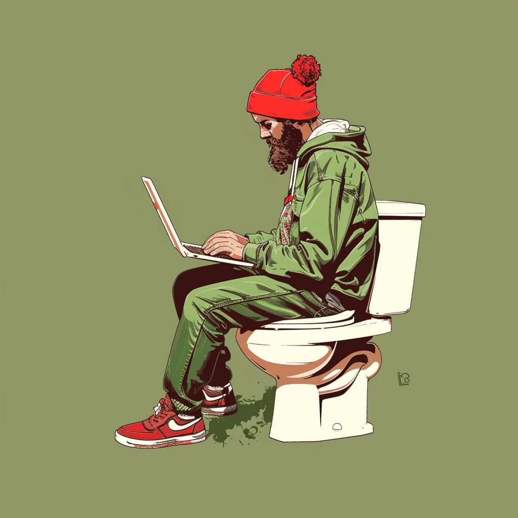 A man sitting on the open toilet seat, holding his laptop